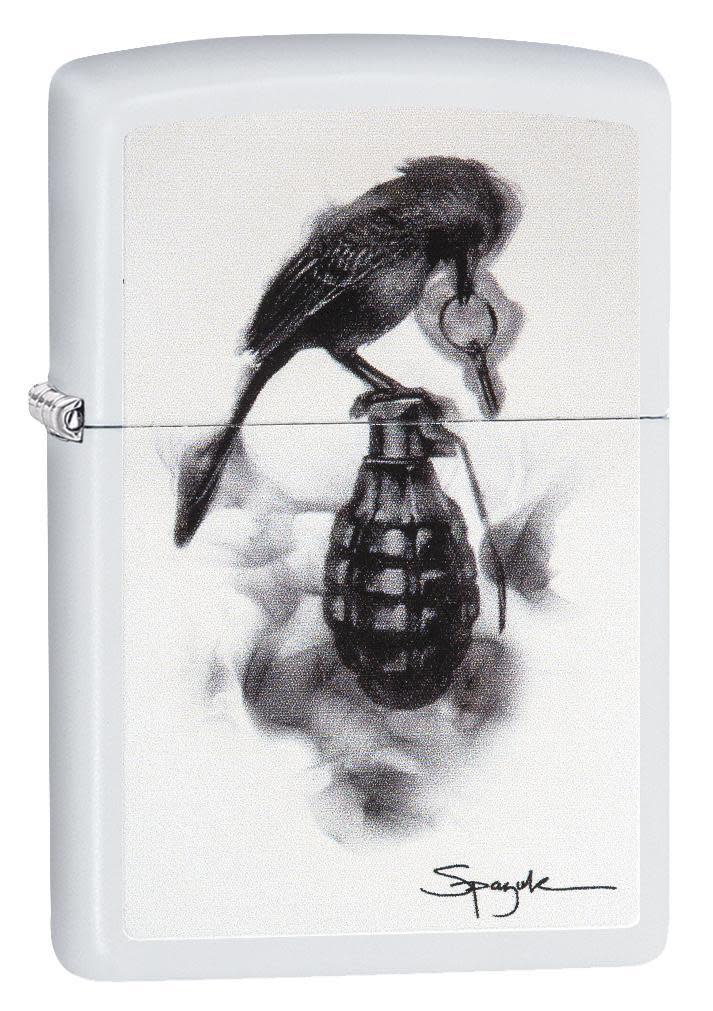 Steven Spazuk Art with Black Bird on Hand Grenade Windproof Lighter 3/4 View