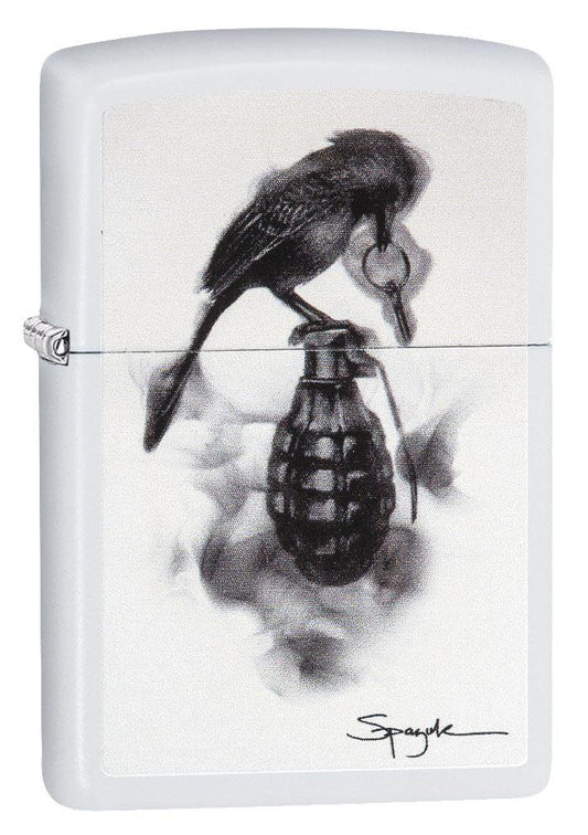 Steven Spazuk Art with Black Bird on Hand Grenade Windproof Lighter 3/4 View