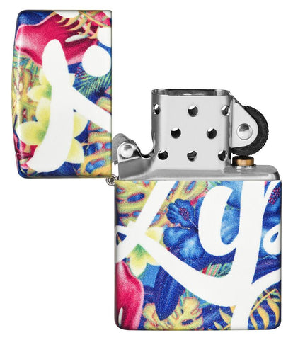 Zippo Floral Design 540 Color Windproof Lighter with its lid open and unlit