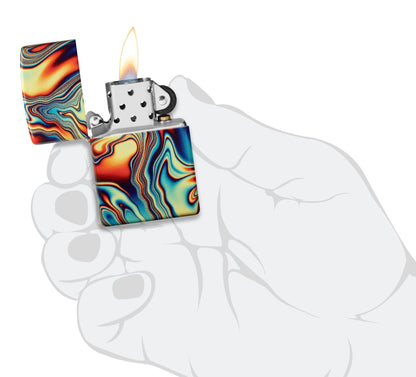 Zippo Colorful Swirl Design Glow in the Dark 540 Color Windproof Lighter lit in hand.