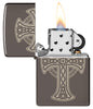 Zippo Laser Engraved Celtic Cross Design Black Ice Windproof Lighter with its lid open and lit.