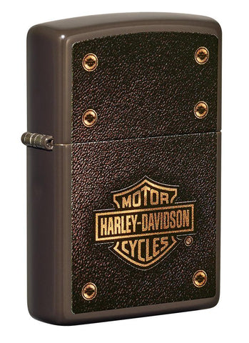 Front shot of Harley-Davidson® Logo Leather Design Brown Windproof Lighter standing at a 3/4 angle