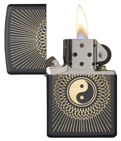 Yin & Yang 2 Black Matte Windproof Lighter with its lid open and lit