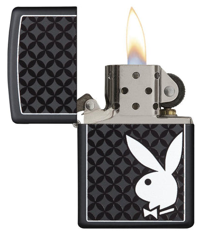 Front view of the White Playboy Bunny on Black Matte Lighter open and lit