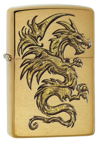 Front shot of Dragon Design Brushed Brass Windproof Lighter standing at a 3/4 angle