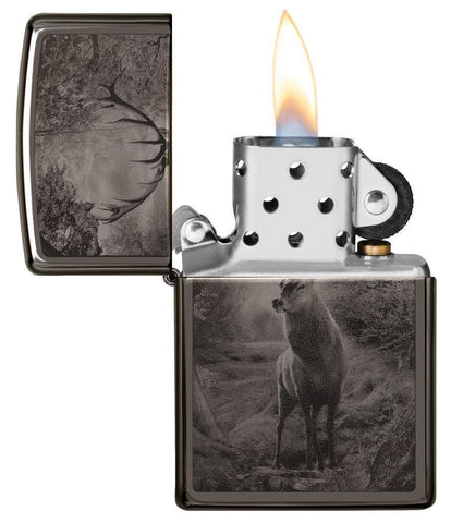 Deer Design Black Ice® Lighter with its lid open and lit