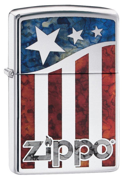 Front view of the Zippo US Flag closed at a 3/4 angles 