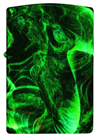 Front shot of Zippo Psychedelic Swirl Design Glow in the Dark Green Matte Windproof Lighter glowing in the dark.