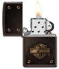 Harley-Davidson® Logo Leather Design Brown Windproof Lighter with its lid open and lit