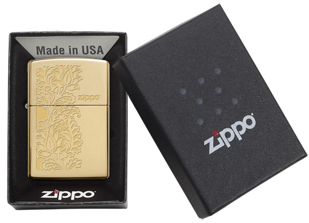 Front view of the Golden Paisley Zippo Design on a High Polish Brass Lighter in one box packaging
