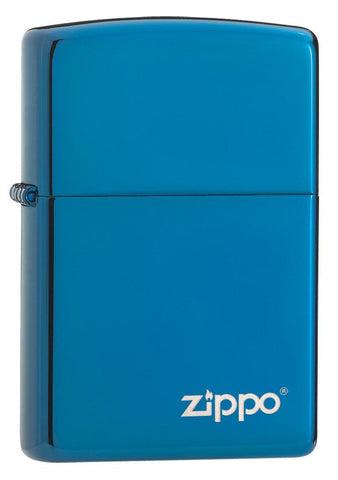 Front shot of Classic High Polish Blue Zippo Logo Windproof Lighter standing at a 3/4 angle