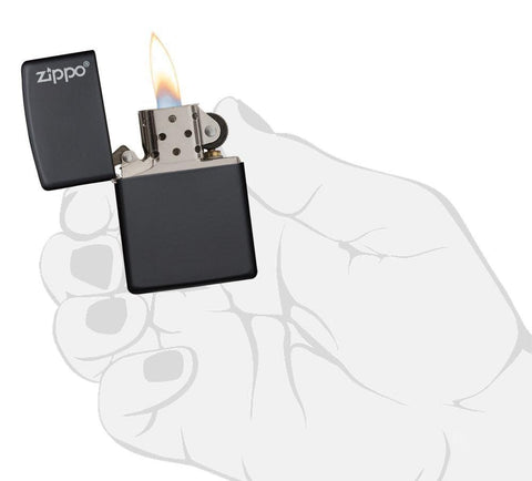 Front view of the Black Matte with Zippo Logo Lighters, in hand, open and lit