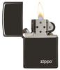 Classic High Polish Black Zippo Logo Windproof Lighter with its lid open and lit