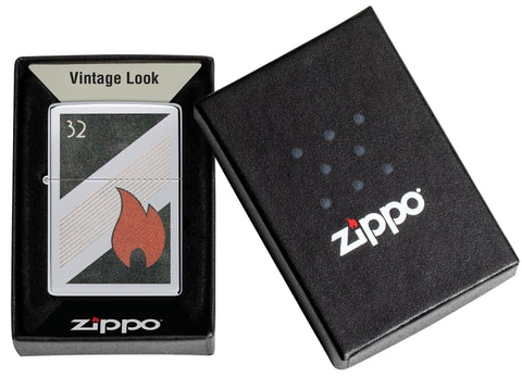 Zippo 32 Flame Design Vintage High Polish Chrome Windproof Lighter in its packaging.