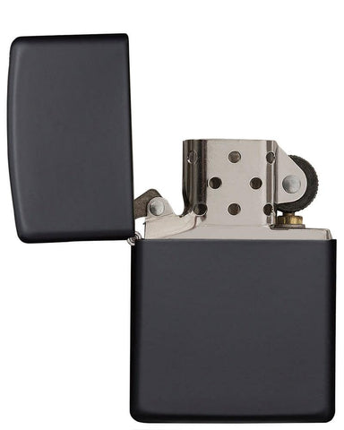 Classic Black Matte Windproof Lighter with its lid open and unlit