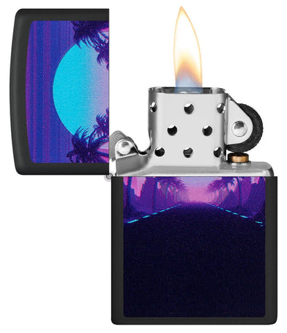 Sunset Black Light Design Black Lighter Black Matte Windproof Lighter with its lid open and lit.