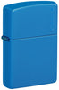 Front shot of Zippo Sky Blue Matte Zippo Logo Classic Windproof Lighter standing at a 3/4 angle.
