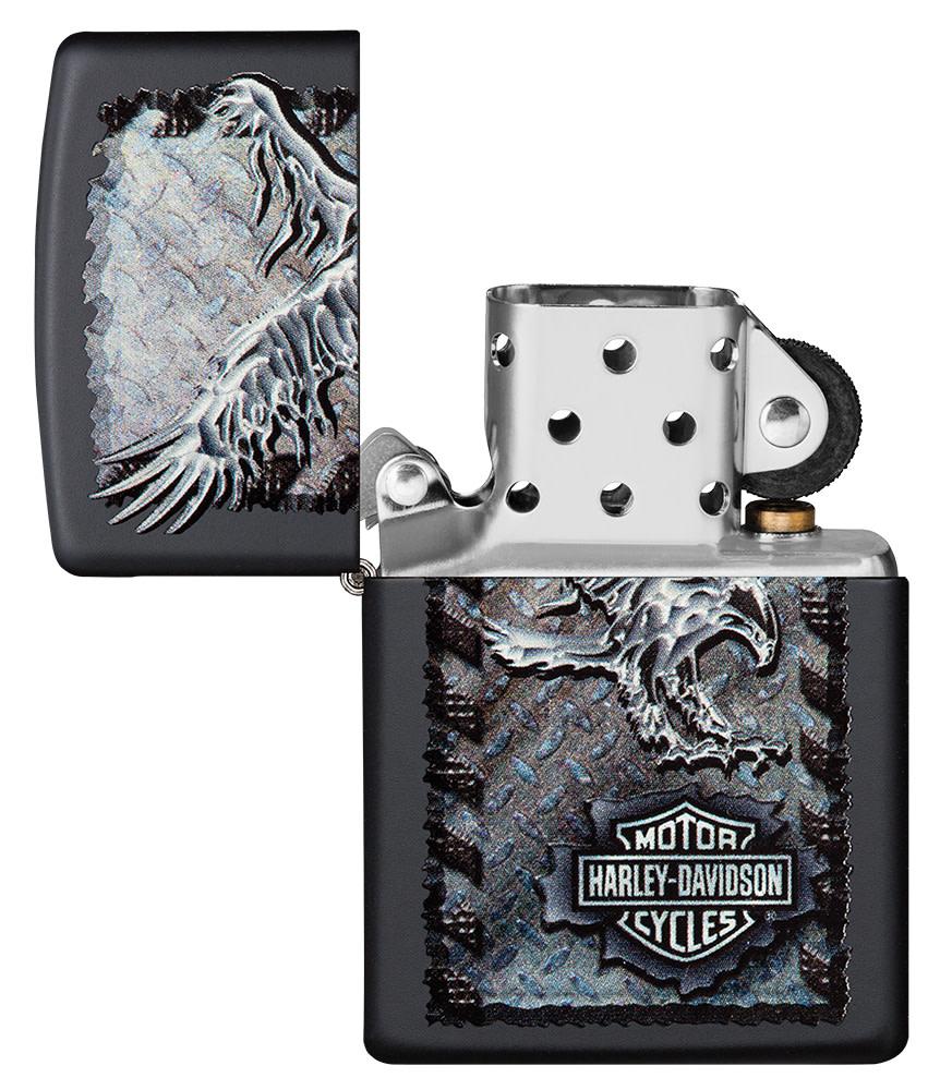 Harley-Davidson Chrome Eagle Black Matte Lighter with its lid open and unlit