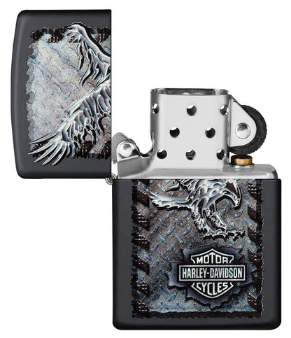 Harley-Davidson Chrome Eagle Black Matte Lighter with its lid open and unlit