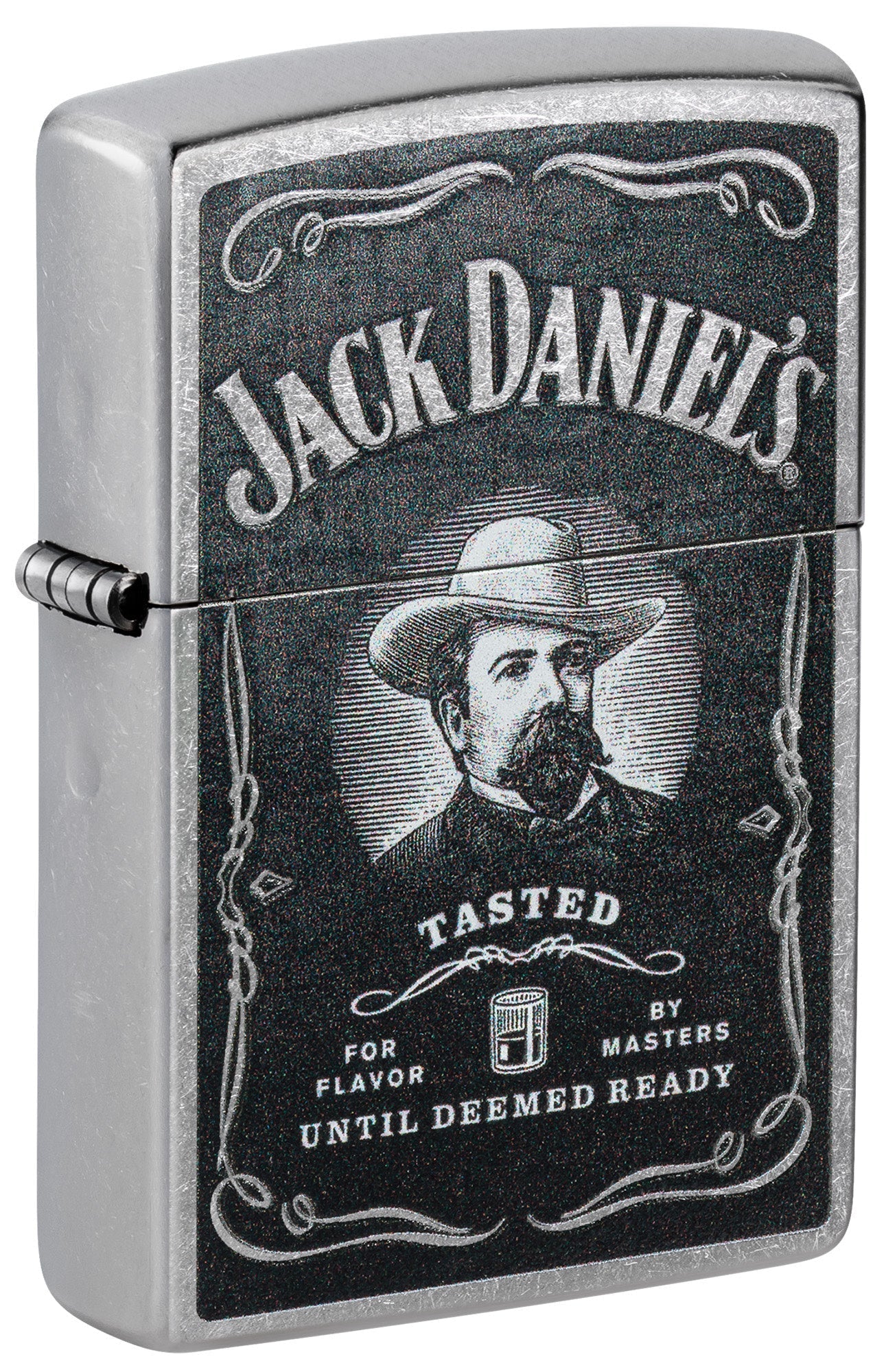Front shot of Zippo Jack Daniels Street Chrome Windproof Lighter standing at a 3/4 angle.
