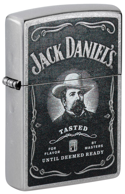 Front shot of Zippo Jack Daniels Street Chrome Windproof Lighter standing at a 3/4 angle.