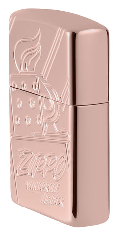 Angled shot of Zippo Script Collectible Armor Rose Gold Windproof Lighter showing the front and right side of the lighter.