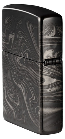 Angled shot of Marble Pattern Design High Polish Black Windproof Lighter, showing the back and hinge side of the lighter.