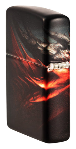 Angled shot of Zippo Dragon Design 540 White Matte Windproof Lighter showing the back and hinge side of the lighter.