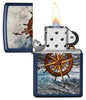 Compass Design Navy Matte Windproof Lighter with its lid open and lit