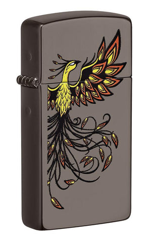 Front shot of Slim® Phoenix Design Black Ice® Windproof Lighter standing at a 3/4 angle