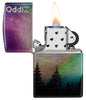 Zippo Colorful Sky Design 540 Tumbled Chrome Windproof Lighter with its lid open and lit.