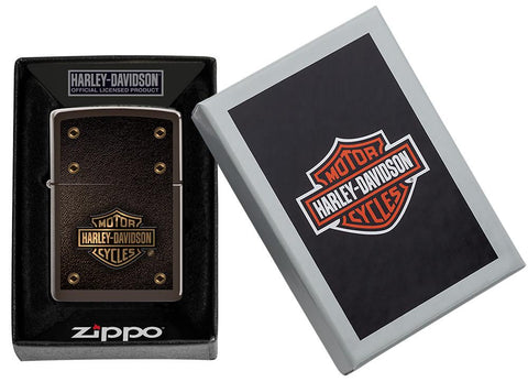 Harley-Davidson® Logo Leather Design Brown Windproof Lighter in its packaging