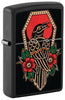 Front shot of Zippo Crow Tattoo Design Black Matte Windproof Lighter standing at a 3/4 angle.