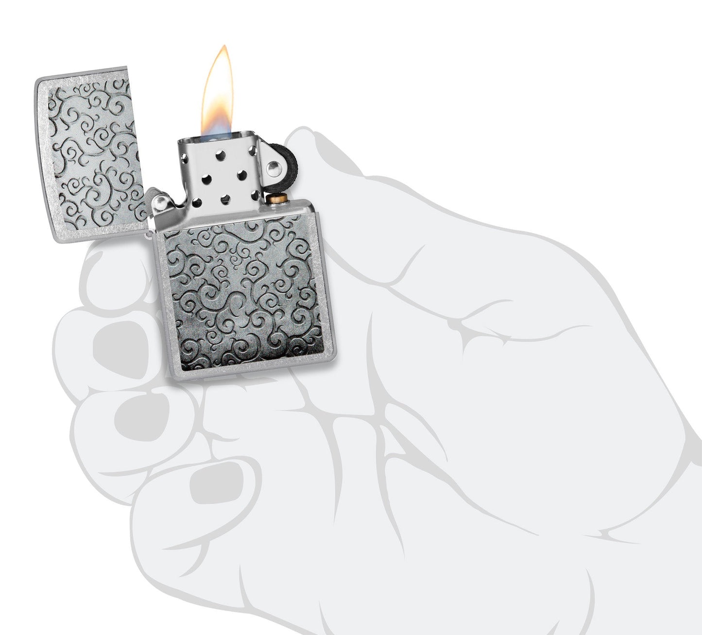 Zippo Vines Design Street Chrome Windproof Lighter lit in hand.