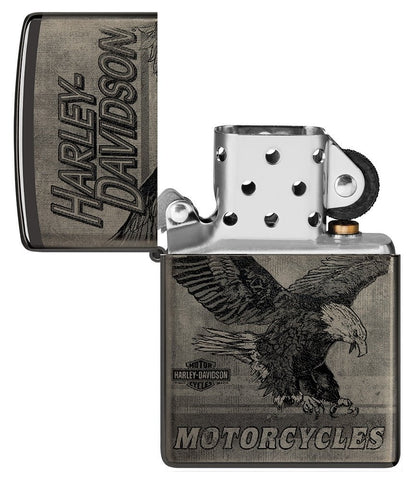 Harley-Davidson Eagle Photo Image 360° High Polish Black Windproof Lighter with its lid open and unlit.