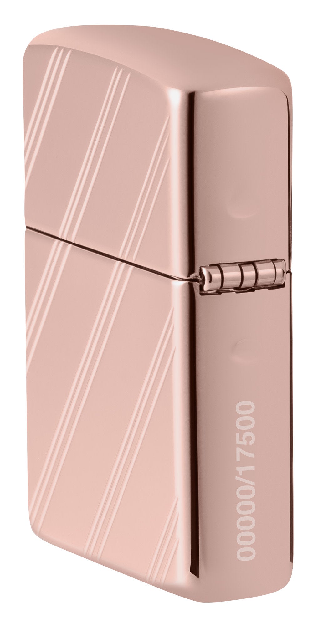 Angled shot of Zippo Script Collectible Armor Rose Gold Windproof Lighter showing the back and hinge side of the lighter.