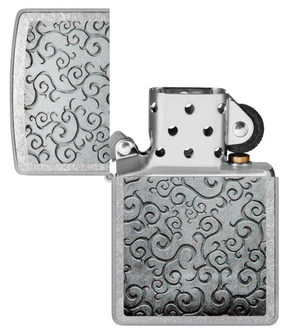 Zippo Vines Design Street Chrome Windproof Lighter with its lid open and unlit.