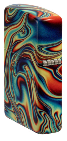 Angled shot of Zippo Colorful Swirl Design Glow in the Dark 540 Color Windproof Lighter showing the back and hinge side of the lighter.
