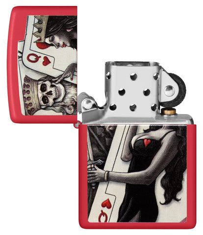 Zippo Skull King Queen Beauty Red Matte Windproof Lighter with its lid open and unlit.