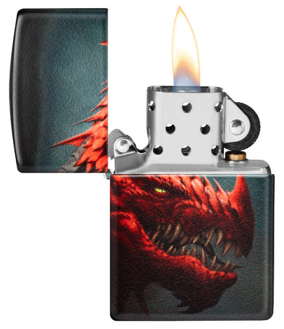 Zippo Dragon Design 540 White Matte Windproof Lighter with its lid open and lit.