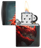 Zippo Dragon Design 540 White Matte Windproof Lighter with its lid open and lit.