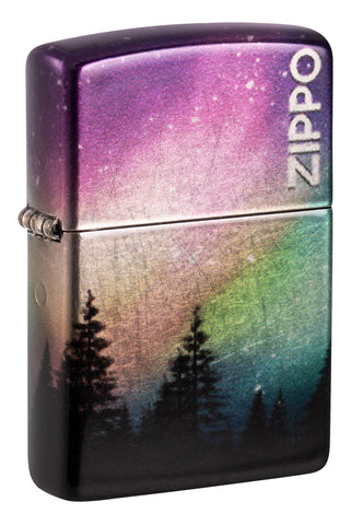 Front shot of Zippo Colorful Sky Design 540 Tumbled Chrome Windproof Lighter standing at a 3/4 angle.