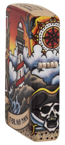 Angle shot of Nautical Tattoo Design 540 Color Windproof Lighter, showing the back and hinge side of the lighters design