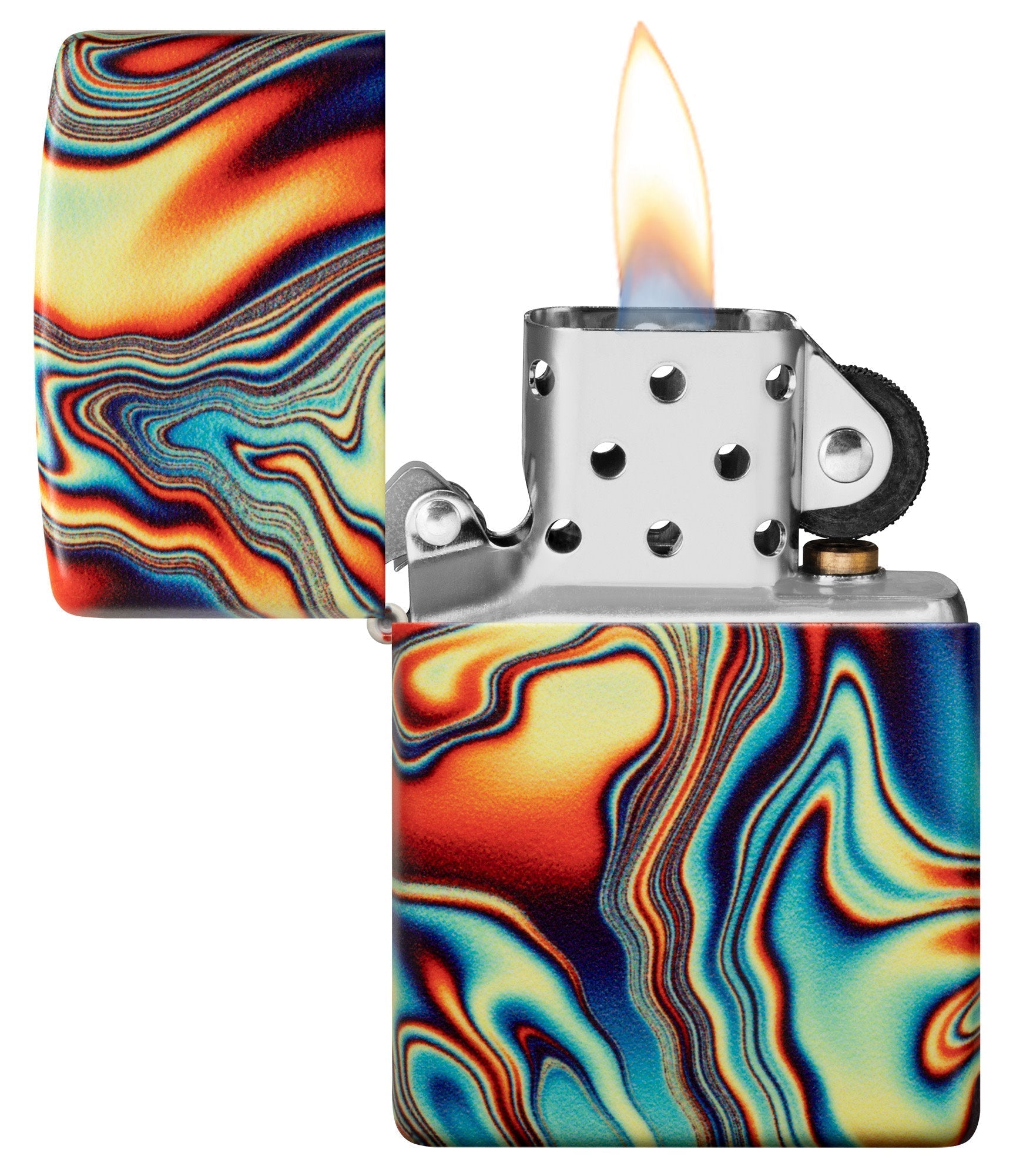 Zippo Colorful Swirl Design Glow in the Dark 540 Color Windproof Lighter with its lid open and lit.