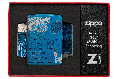 Skull Design Armor® High Polish Blue Windproof Lighter in its packaging.