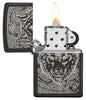 Anne Stokes Wolf High Polish Black Windproof Lighter with its lid open and lit
