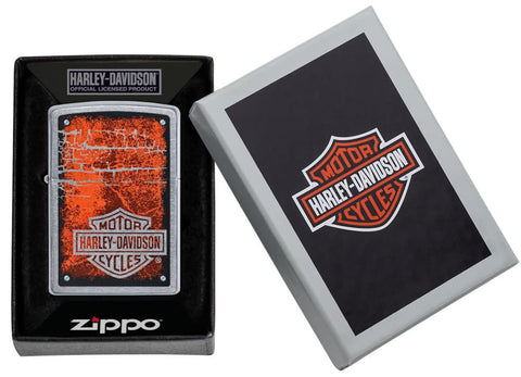 Harley-Davidson® Chromed Out Logo Street Chrome™ Windproof Lighter in its packaging.