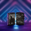 Lifestyle image of two Zippo Design High Polish Black Windproof Lighters in front of glowing purple and blue receding diamonds.