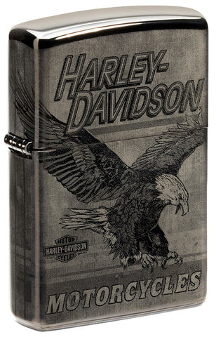 Front shot of Harley-Davidson Eagle Photo Image 360° High Polish Black Windproof Lighter standing at a 3/4 angle.