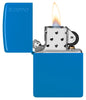 Zippo Sky Blue Matte Zippo Logo Classic Windproof Lighter with its lid open and lit.